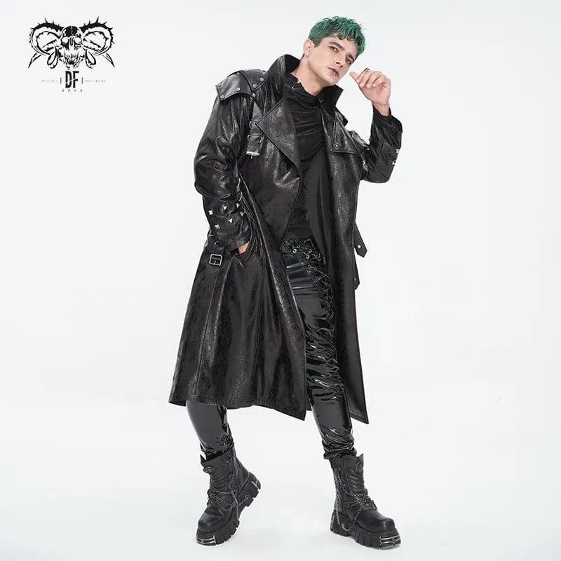 Men's Punk Stand Collar Multi-buckle Faux Leather Coat Black