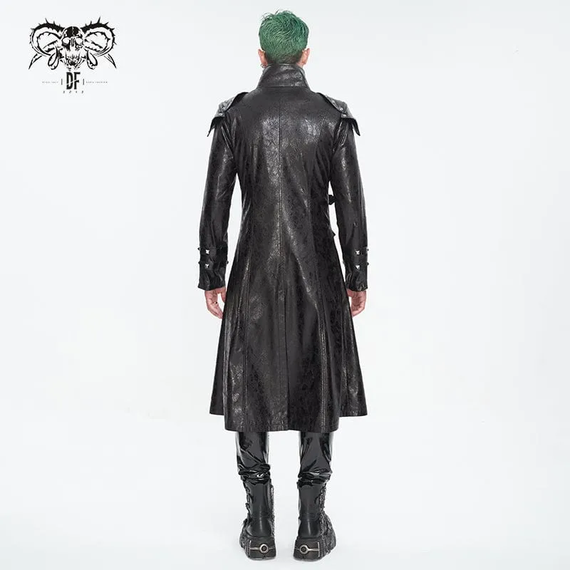 Men's Punk Stand Collar Multi-buckle Faux Leather Coat Black