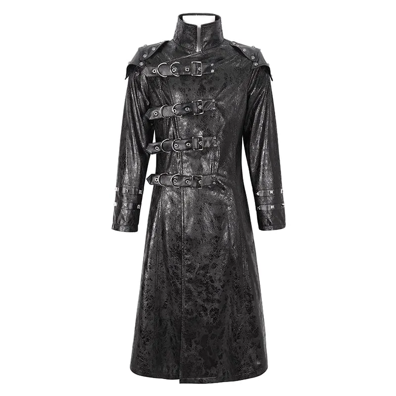 Men's Punk Stand Collar Multi-buckle Faux Leather Coat Black