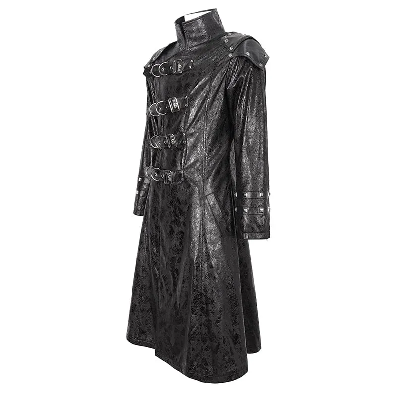 Men's Punk Stand Collar Multi-buckle Faux Leather Coat Black