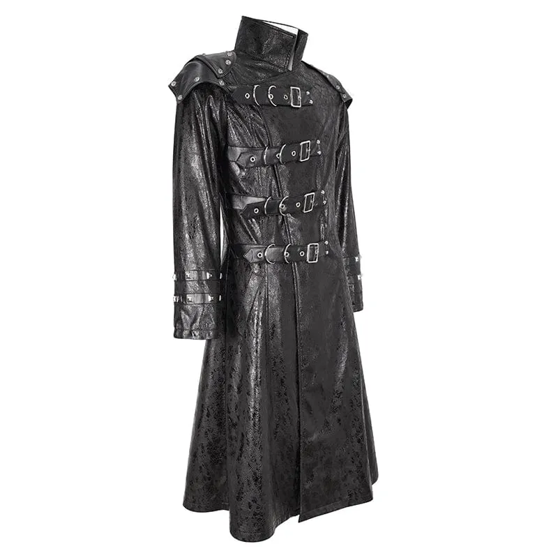 Men's Punk Stand Collar Multi-buckle Faux Leather Coat Black