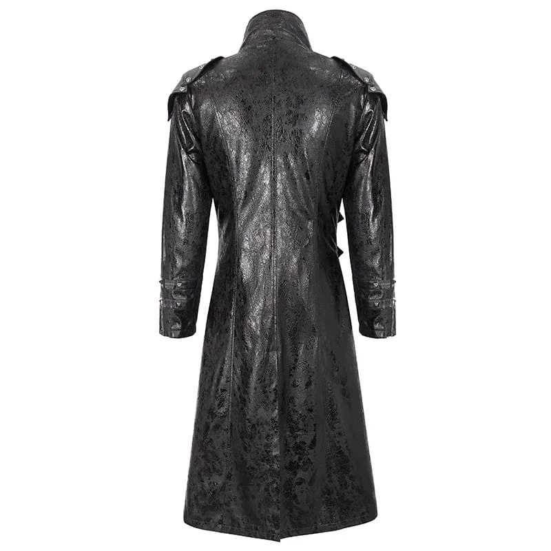 Men's Punk Stand Collar Multi-buckle Faux Leather Coat Black