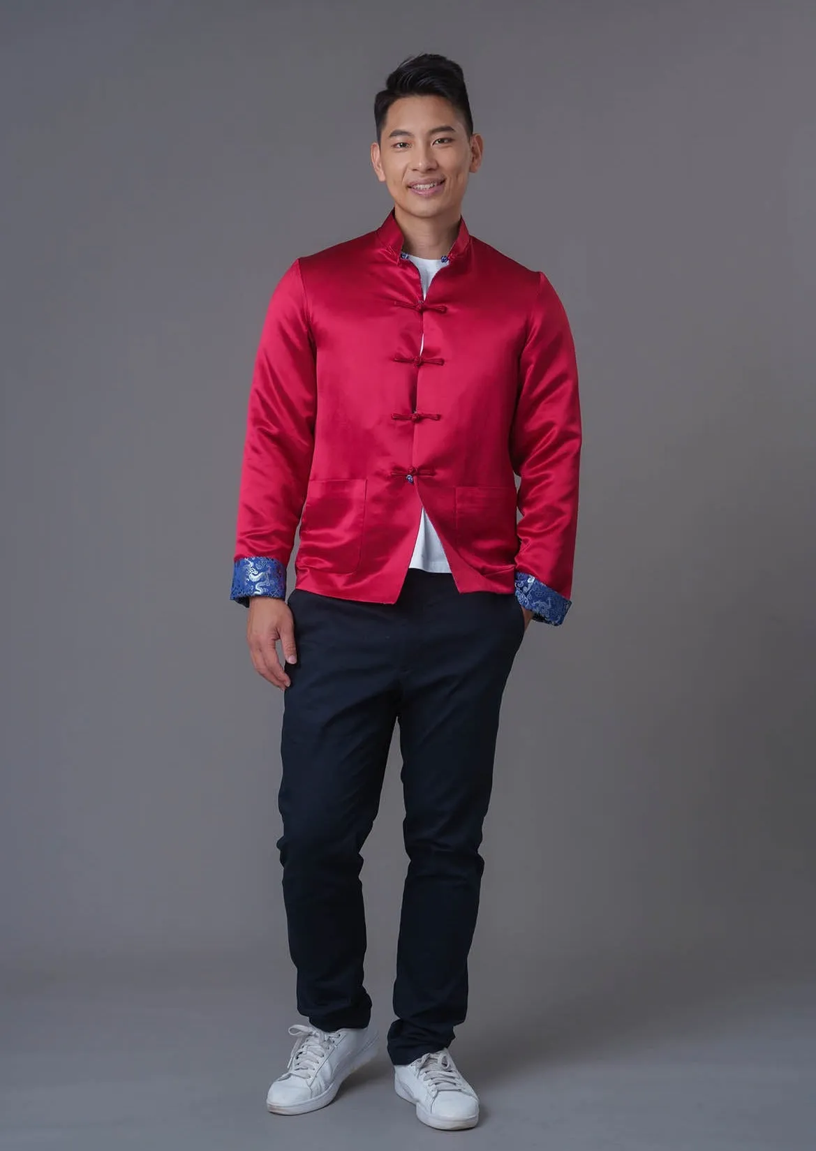 Men's Reversible Tang Jacket (Red/ Blue Brocade)