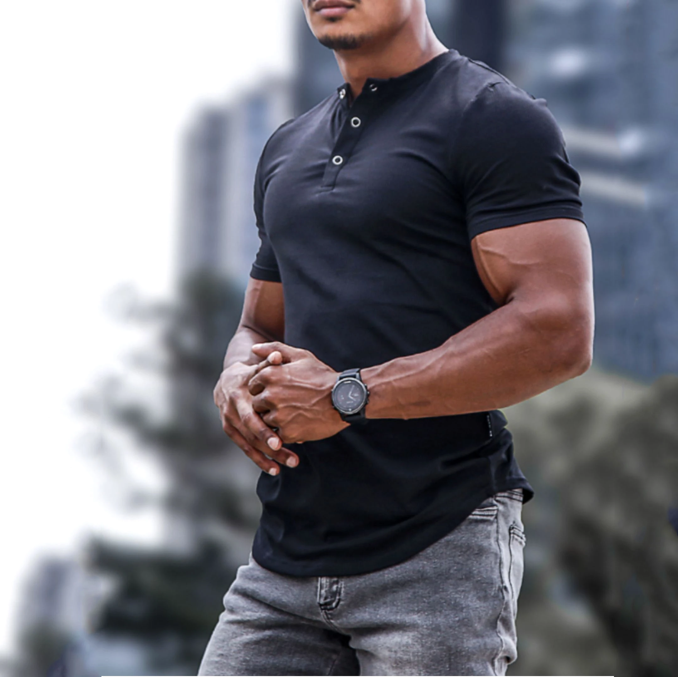 Men's Spring/Summer Henley Stretch Slim T-Shirt