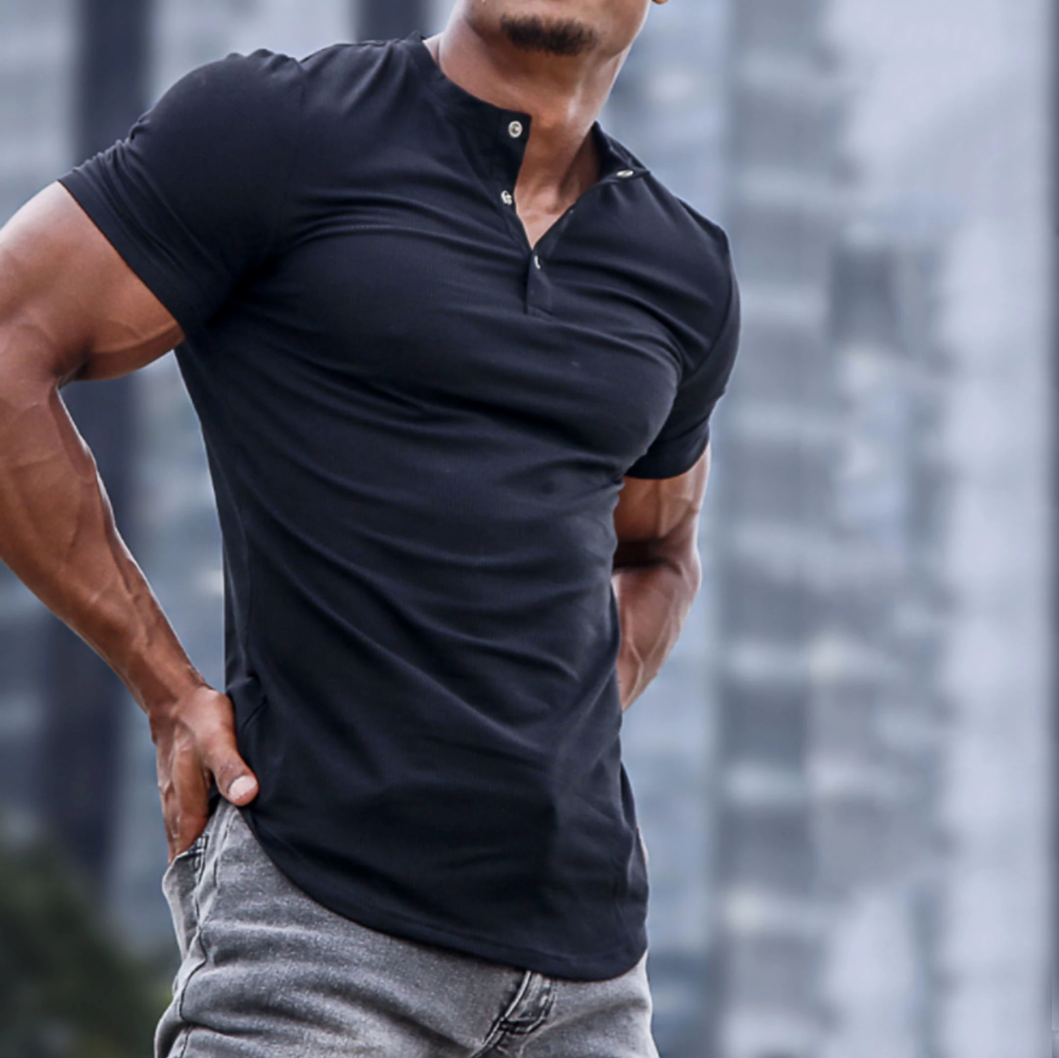 Men's Spring/Summer Henley Stretch Slim T-Shirt