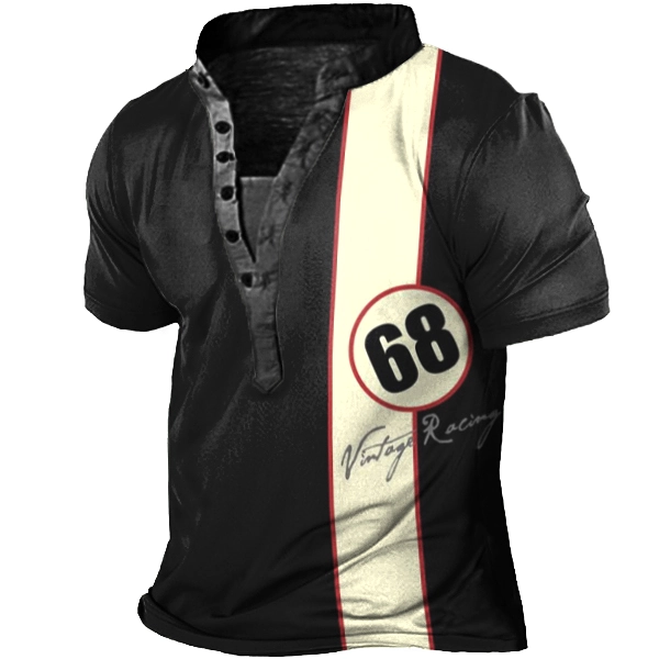 Men's Vintage Racing Stripe Print Henley T-Shirt