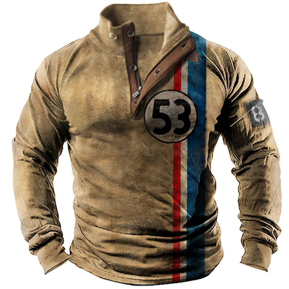 Men's Vintage Racing Stripe Print Stand Collar Long Sleeve T-Shirt