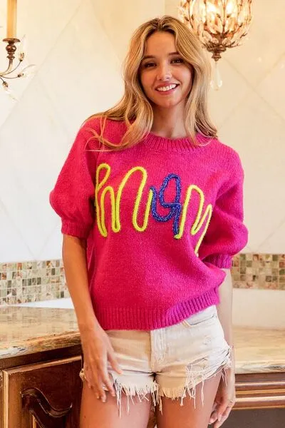 MOM Contrast Round Neck Sweater in Fuchsia