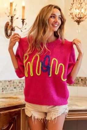 MOM Contrast Round Neck Sweater in Fuchsia