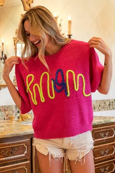 MOM Contrast Round Neck Sweater in Fuchsia