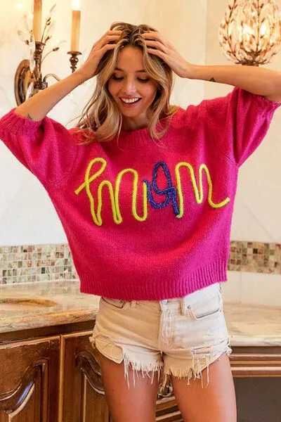 MOM Contrast Round Neck Sweater in Fuchsia