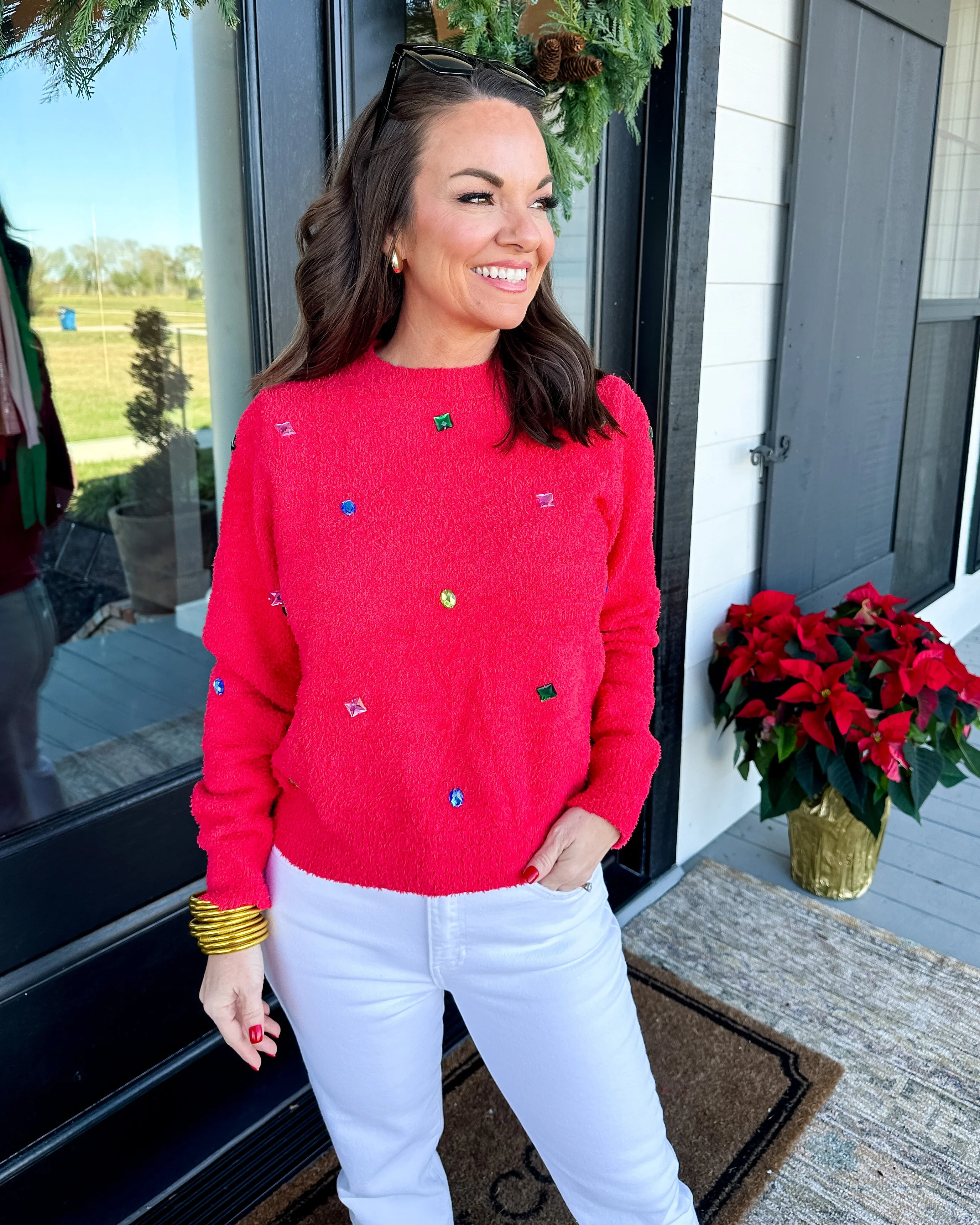 Multi Color Stone Trim Cozy Sweater