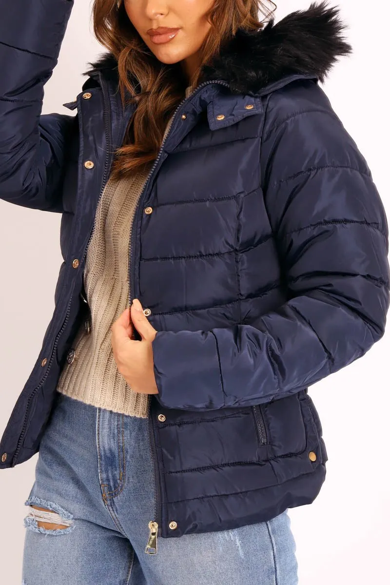 Navy Faux Fur Trim Hood Padded Coat - Jessabelle