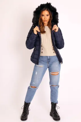 Navy Faux Fur Trim Hood Padded Coat - Jessabelle