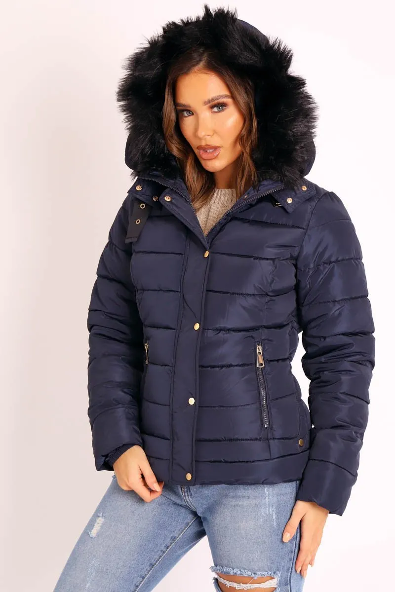 Navy Faux Fur Trim Hood Padded Coat - Jessabelle