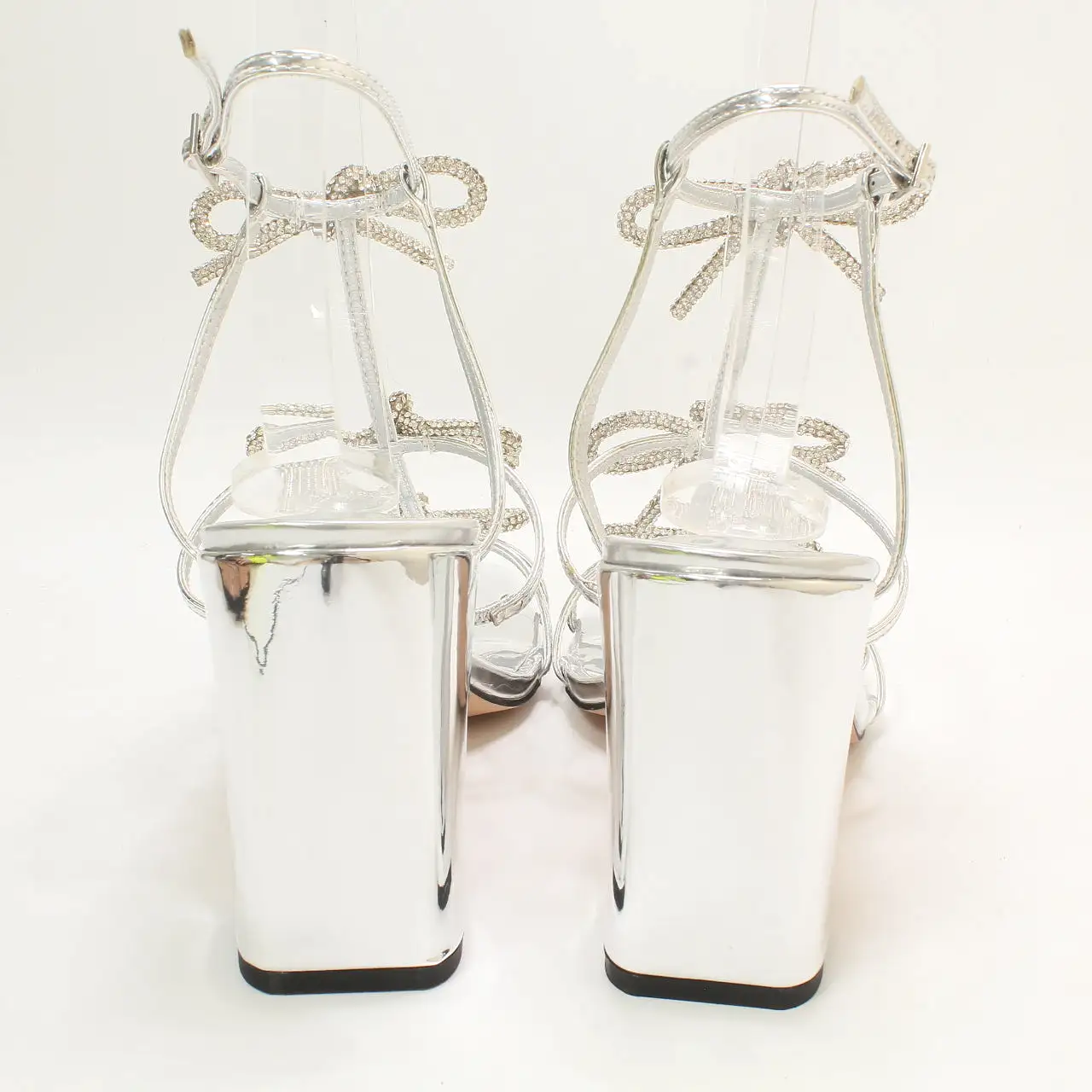 Odd Sizes - Womens Office Henley Bow Detail Block Heels Sandals Silver - UK Sizes Right 6/Left 7