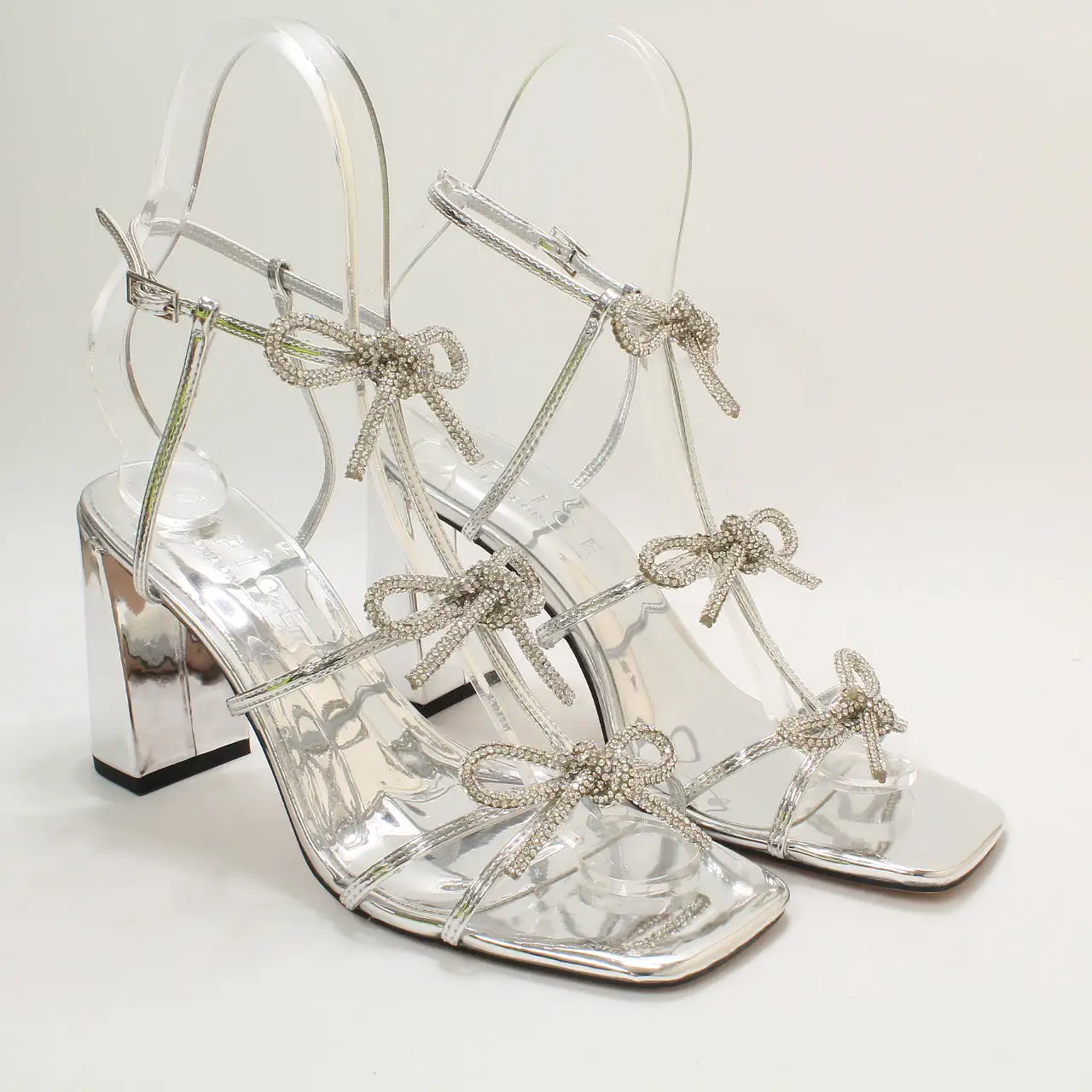 Odd Sizes - Womens Office Henley Bow Detail Block Heels Sandals Silver - UK Sizes Right 6/Left 7