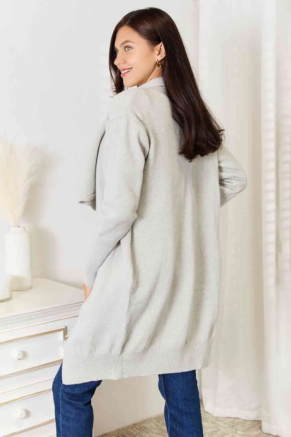 Open Front Duster Cardigan with Pockets in Light Grey