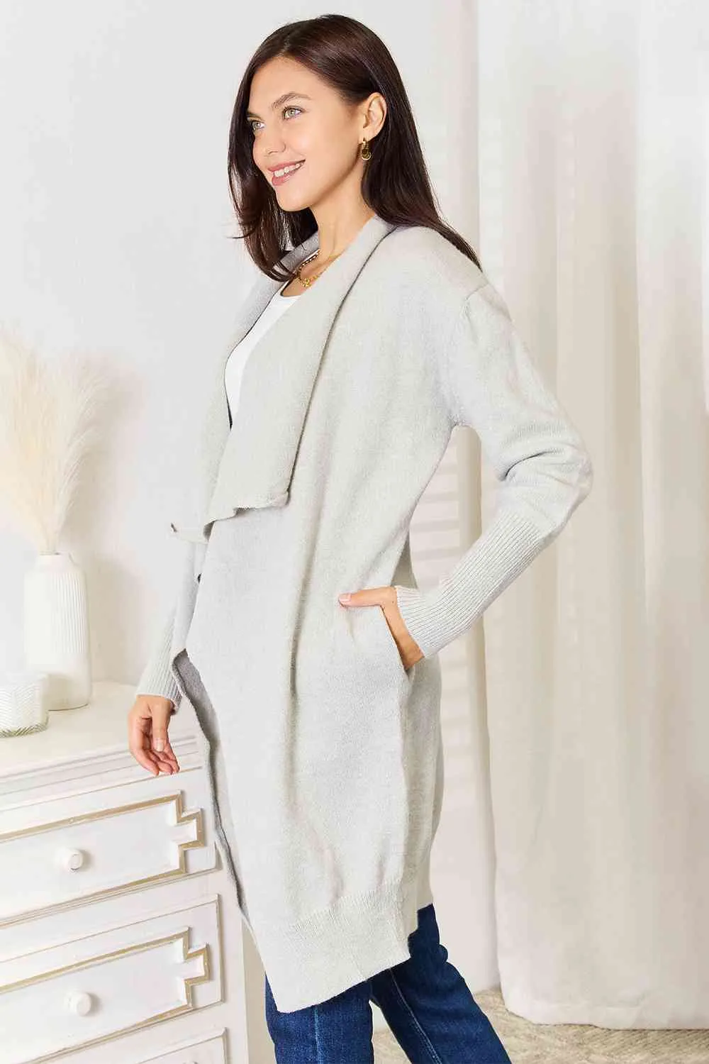 Open Front Duster Cardigan with Pockets in Light Grey