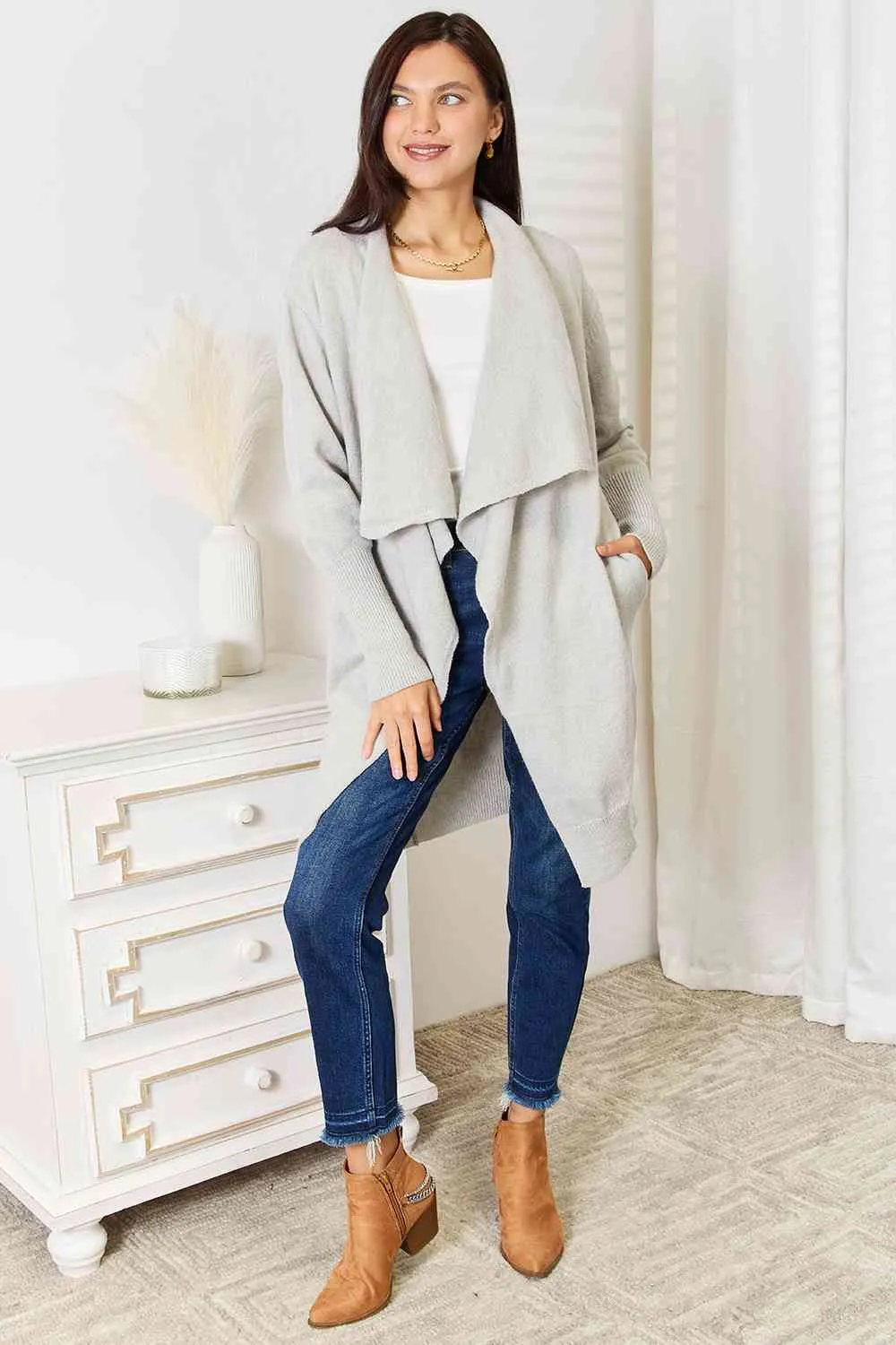 Open Front Duster Cardigan with Pockets in Light Grey