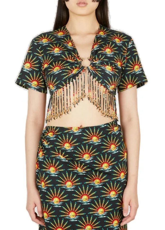 Paco Rabanne Sun Print Fringe Detailed Cropped Top