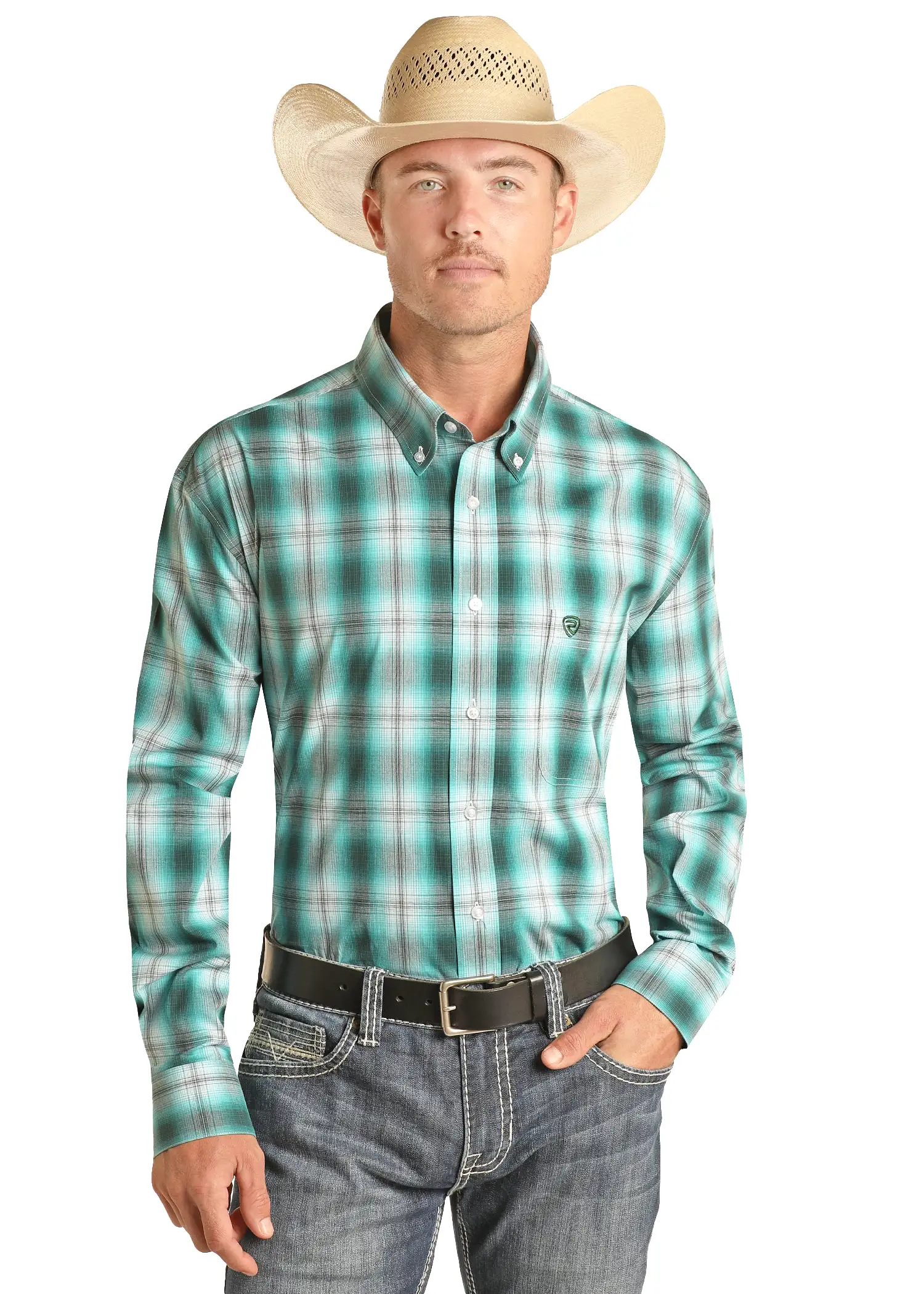 'Panhandle-Rock & Roll' Men's Western Plaid Button Down - Teal