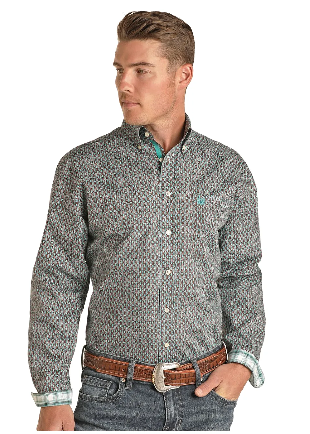 'Panhandle-Rough Stock' Men's Paisley Snap Front - Brown / Turquoise