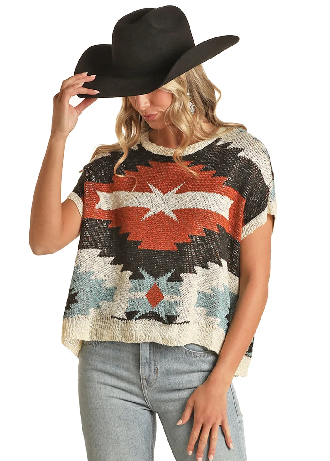 Panhandle Slim Womens Black Knit Aztec Short Sleeve Shirt