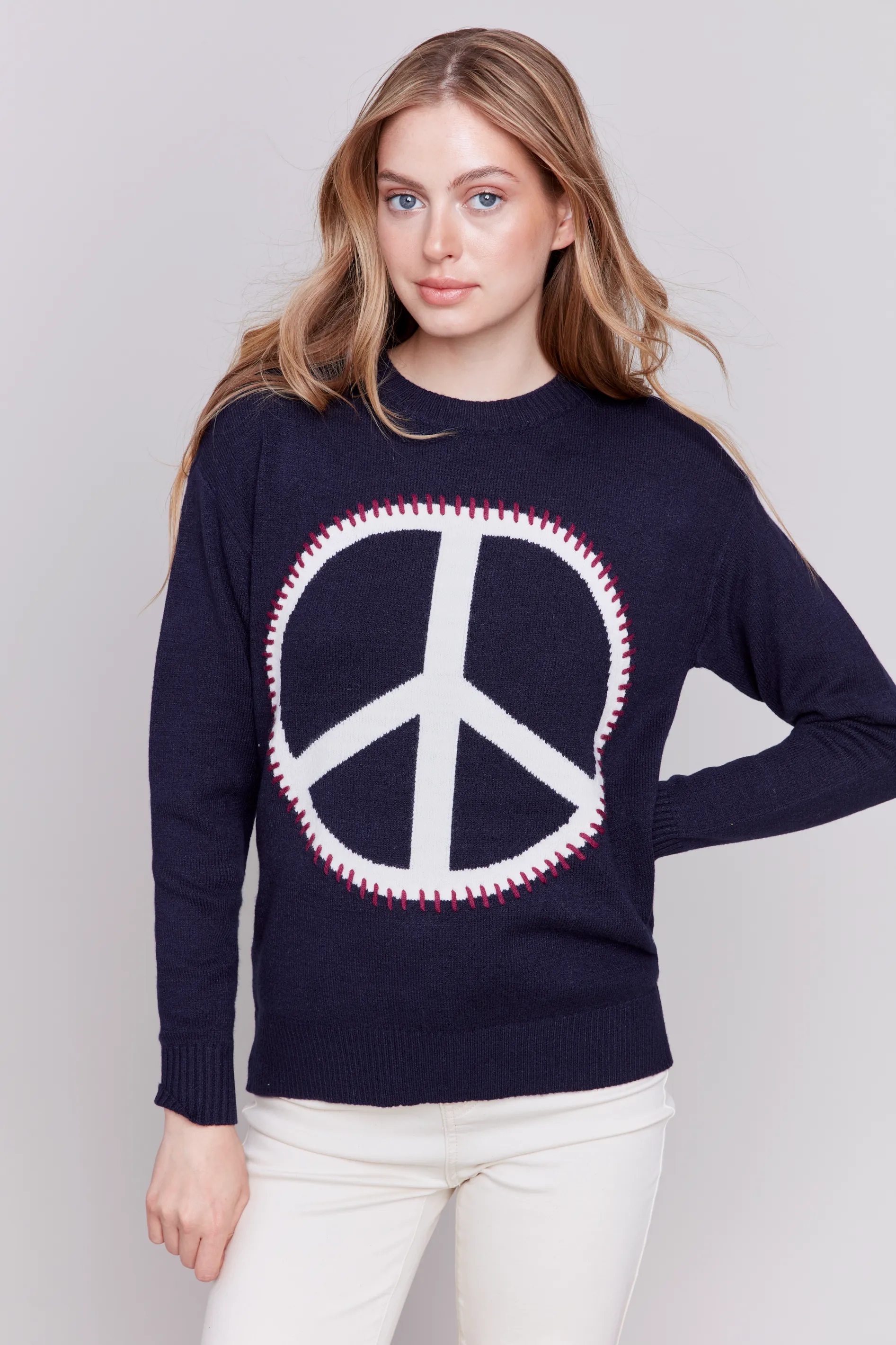 Peace Intarsia Long Sleeve Plush Sweater