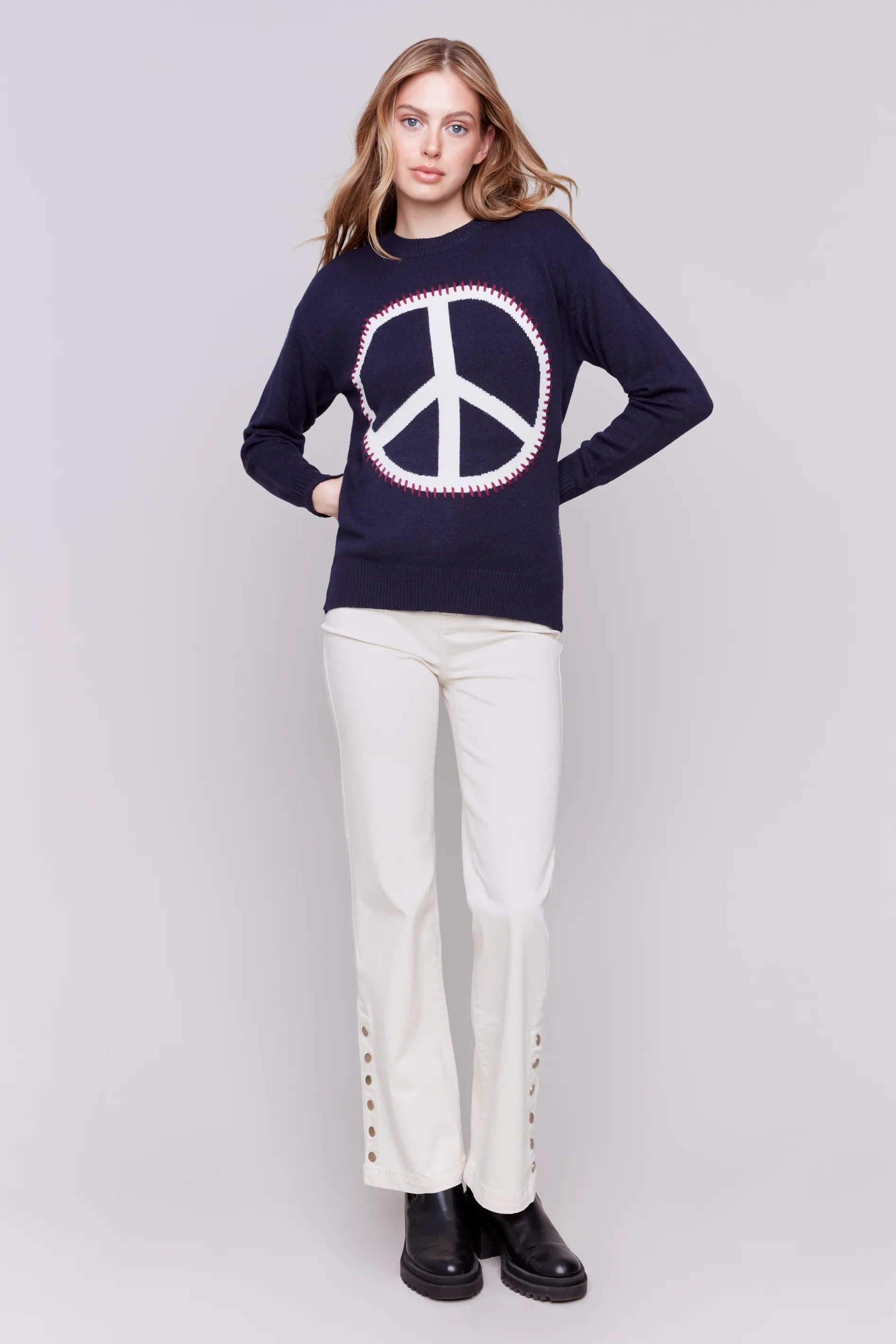 Peace Intarsia Long Sleeve Plush Sweater