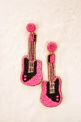 Pink Beaded Guitar Earrings