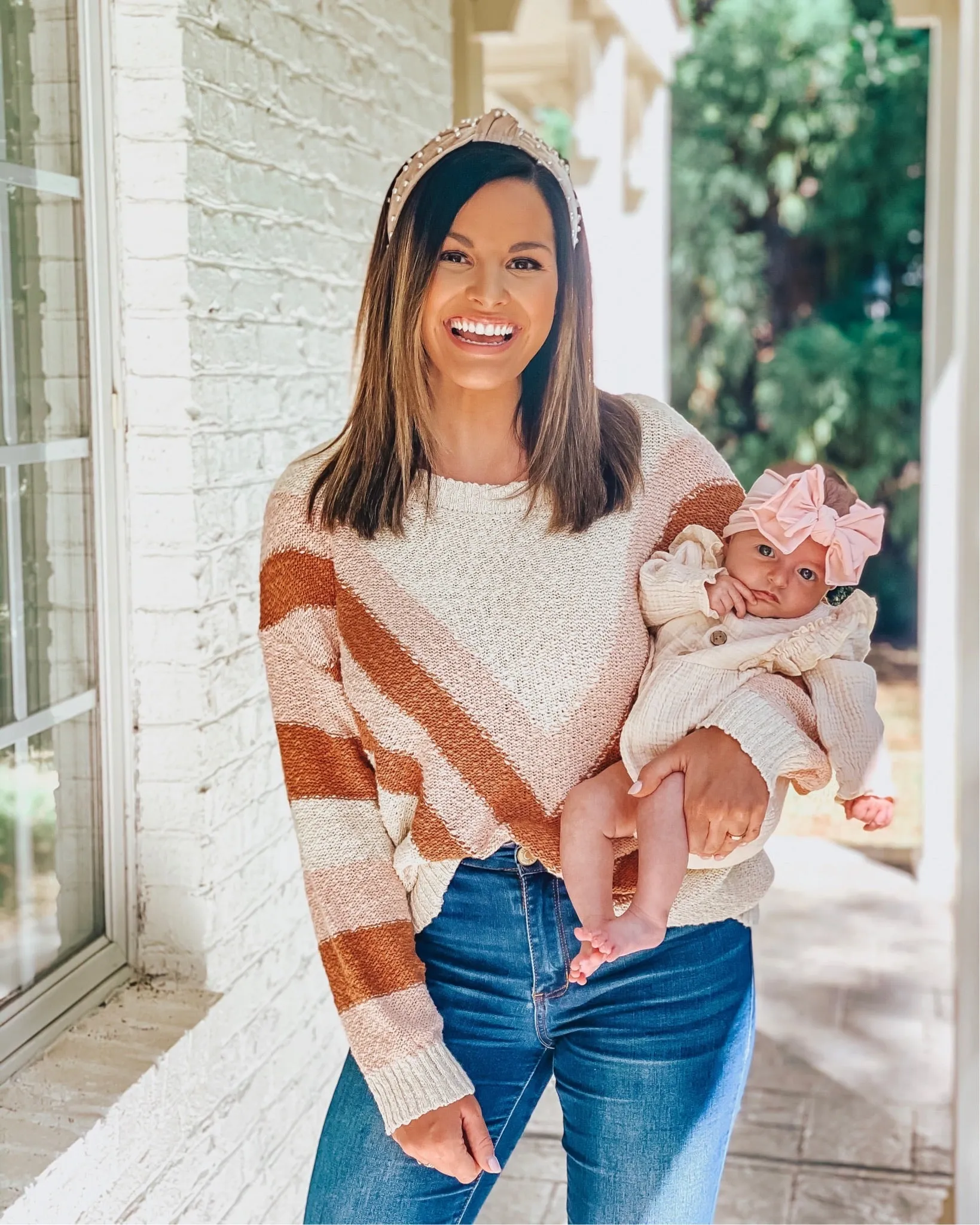 Pink Lily Cream Pink Brown Chevron Open Knit Sweater- Size M