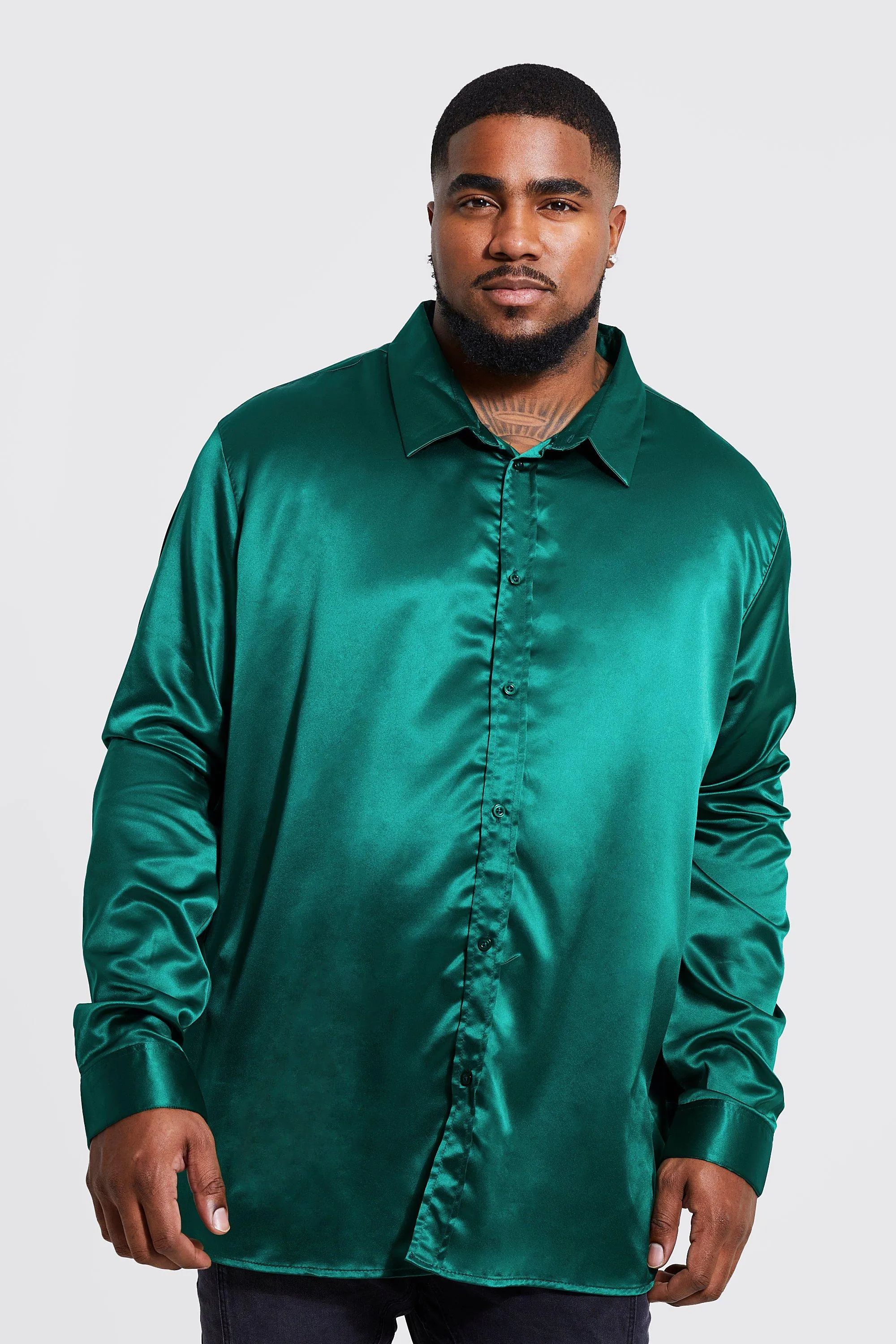 Plus Long Sleeve Satin Slim Fit Shirt