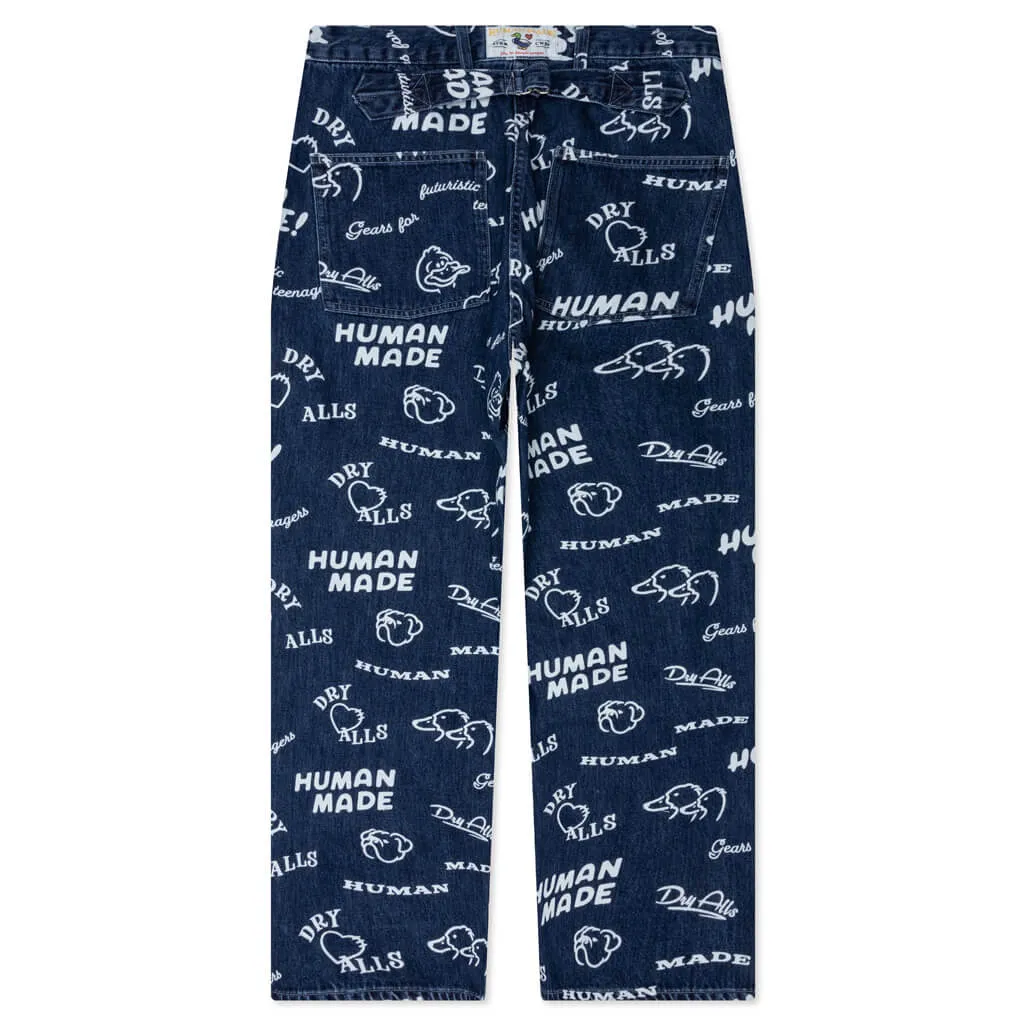 Printed Denim Baggy Jeans - Indigo