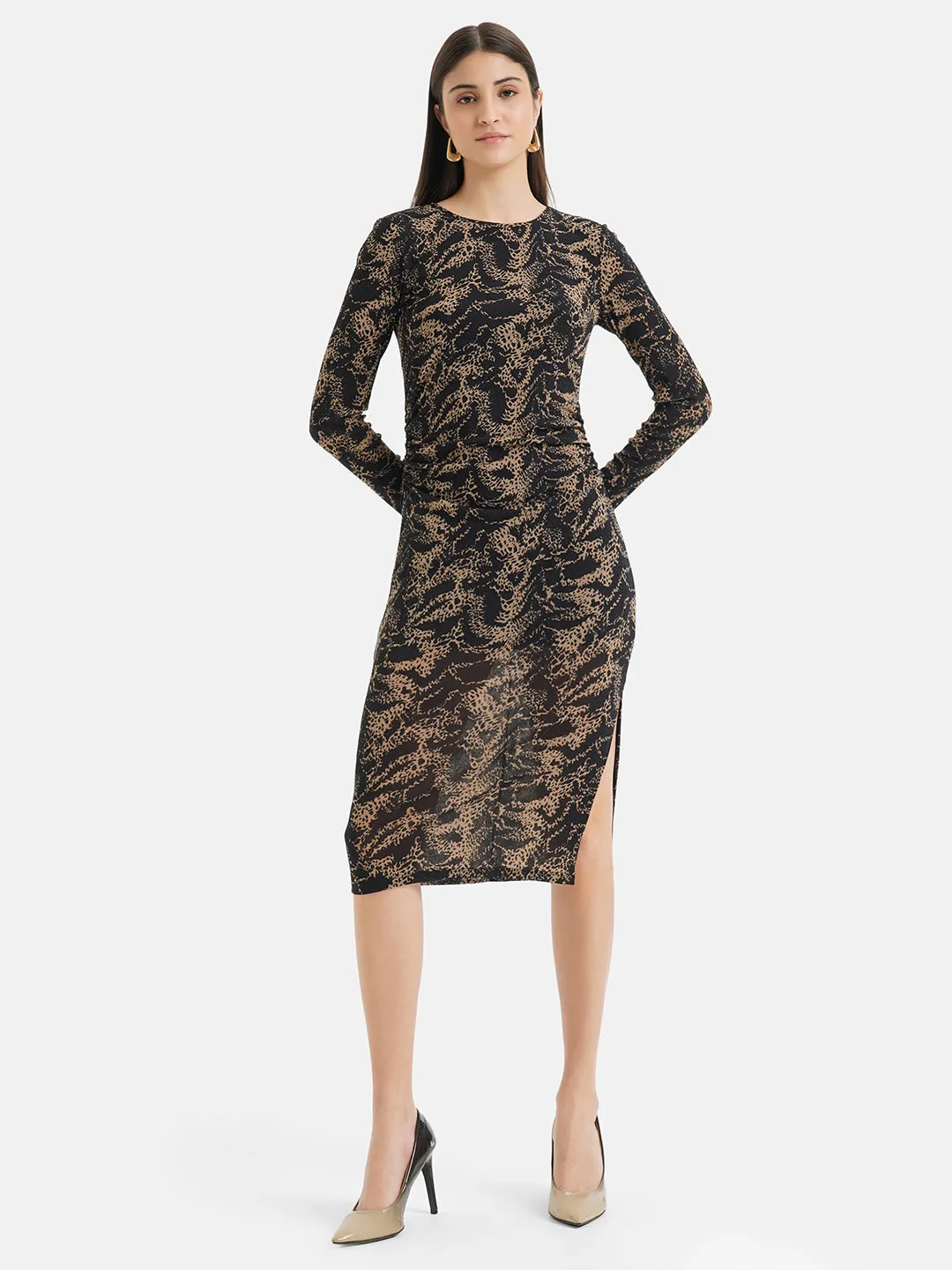 Printed Ruched Midi Dress