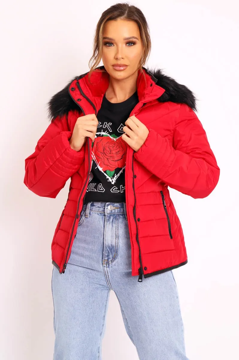 Red Fur Trim Quilted Puffer Coat - Lania