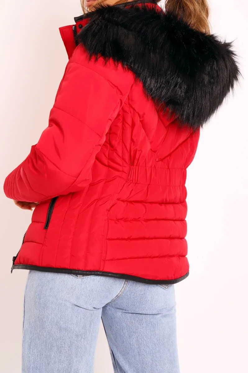 Red Fur Trim Quilted Puffer Coat - Lania