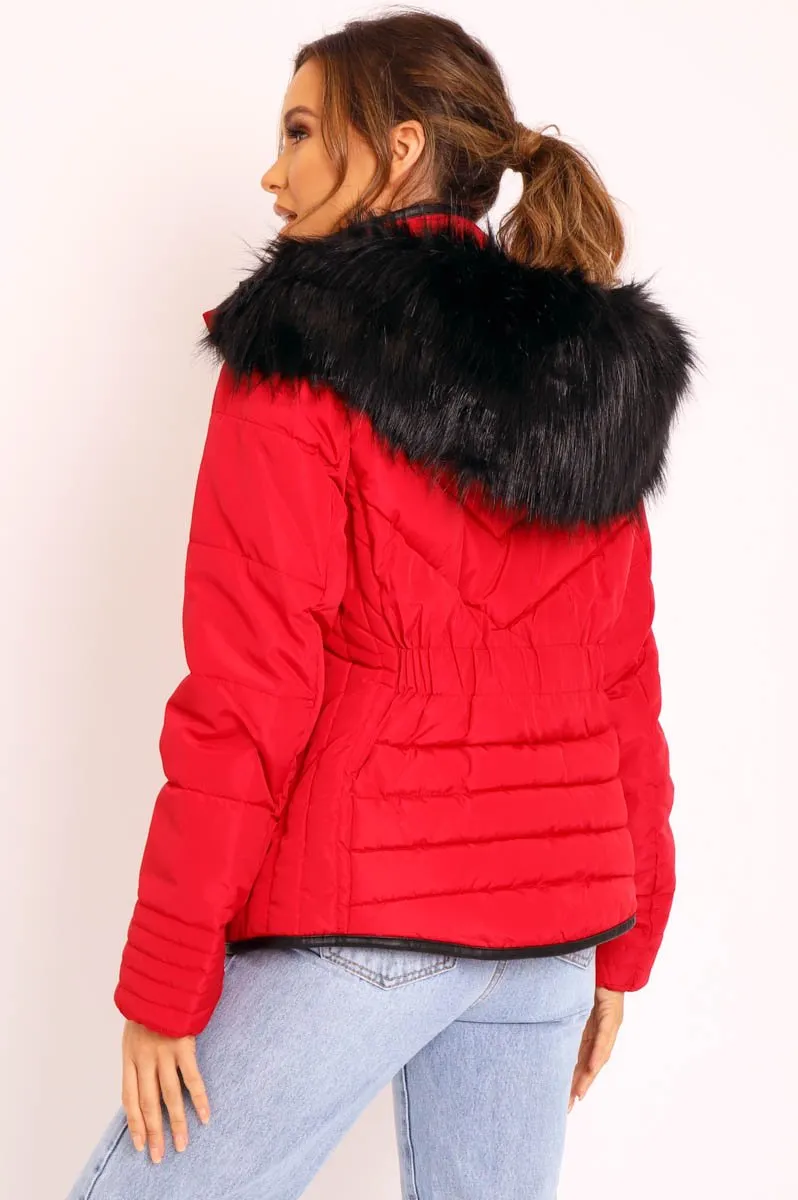 Red Fur Trim Quilted Puffer Coat - Lania