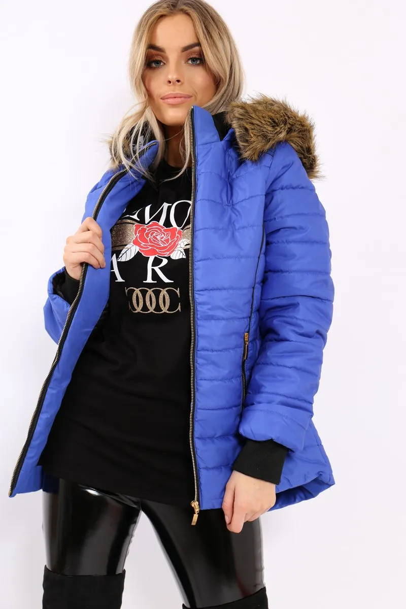 Royal Blue Padded Coat with Fur Hood - Francesca