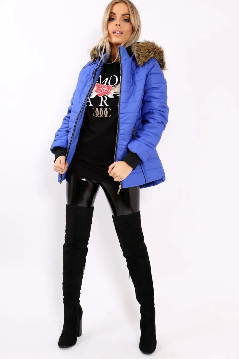 Royal Blue Padded Coat with Fur Hood - Francesca