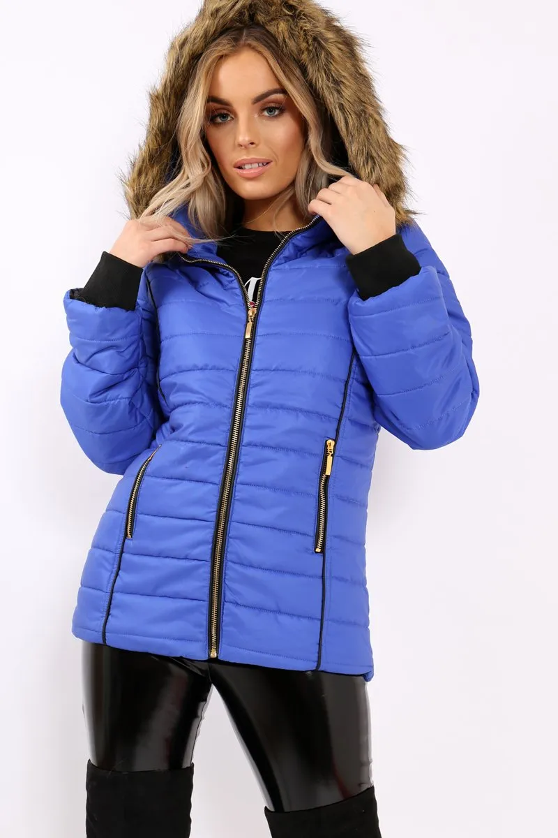 Royal Blue Padded Coat with Fur Hood - Francesca