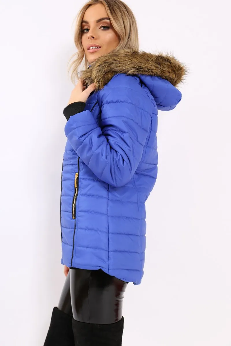 Royal Blue Padded Coat with Fur Hood - Francesca