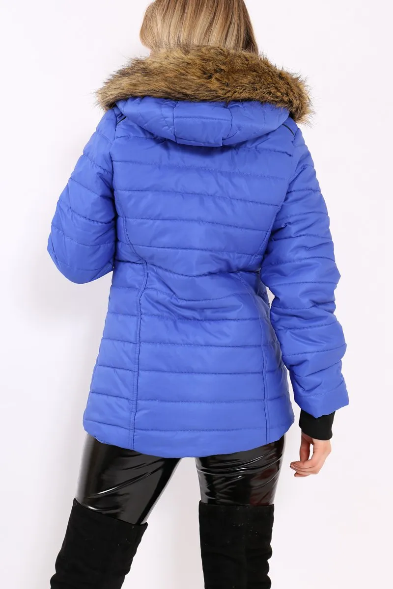 Royal Blue Padded Coat with Fur Hood - Francesca