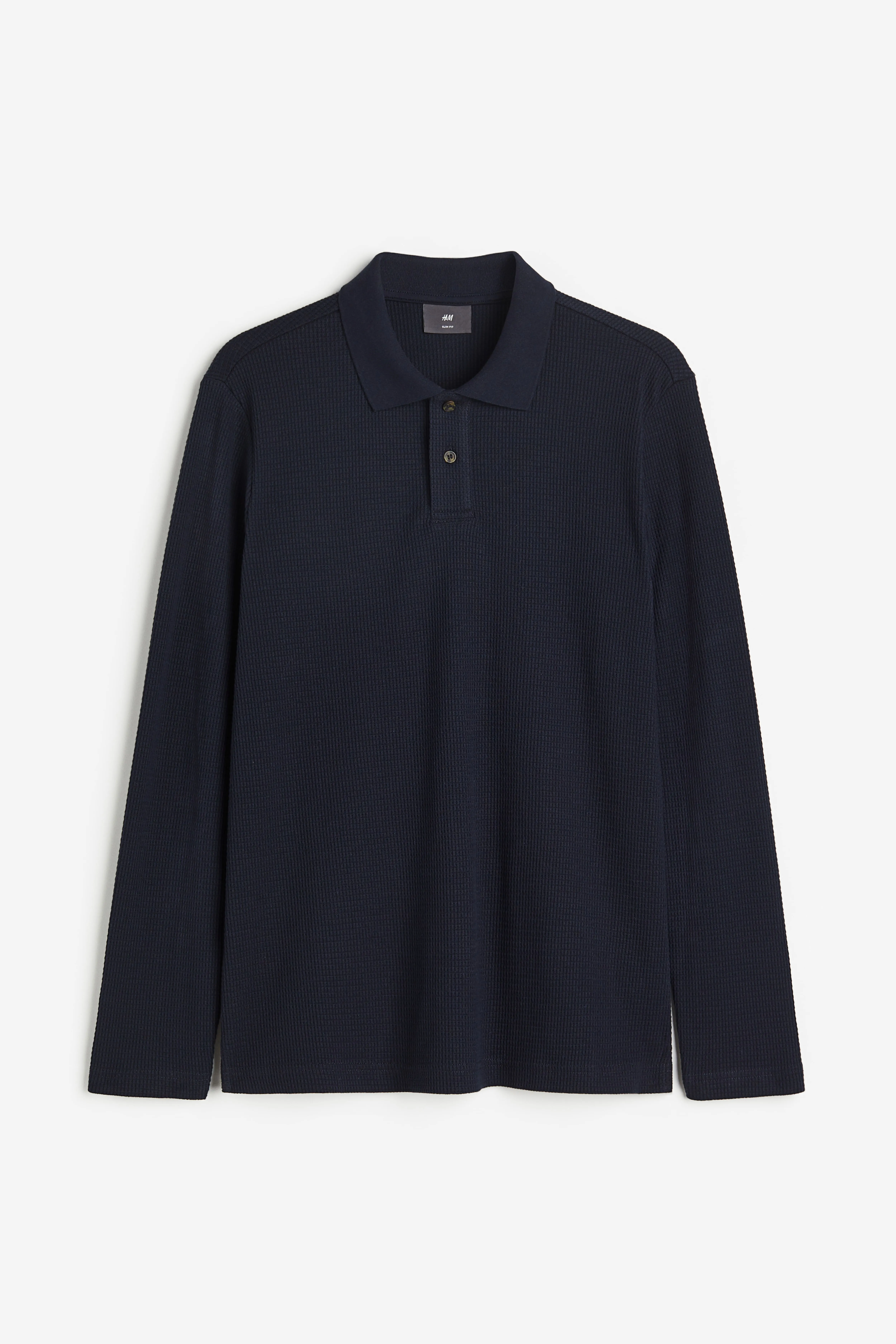 Slim Fit Waffled polo shirt - Long sleeve - Regular length - Dark blue - Men | H&M GB