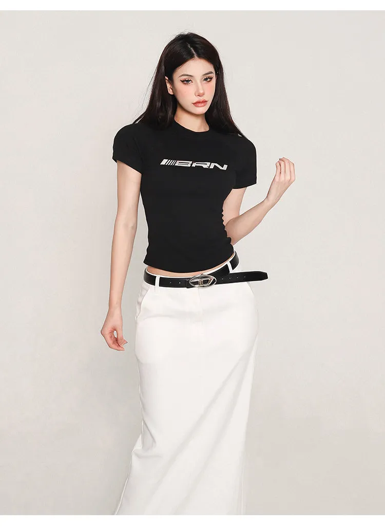 SPEEDAIR Solid Color Graphic Letter Print Short Sleeve Slim Cropped Top