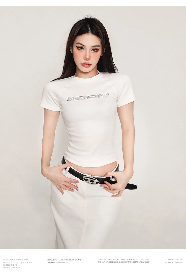 SPEEDAIR Solid Color Graphic Letter Print Short Sleeve Slim Cropped Top