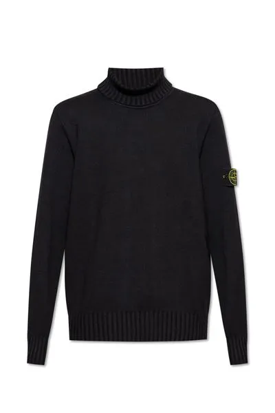 STONE ISLAND Men's Black Cotton-Blend Sweater with Removable Logo Patch