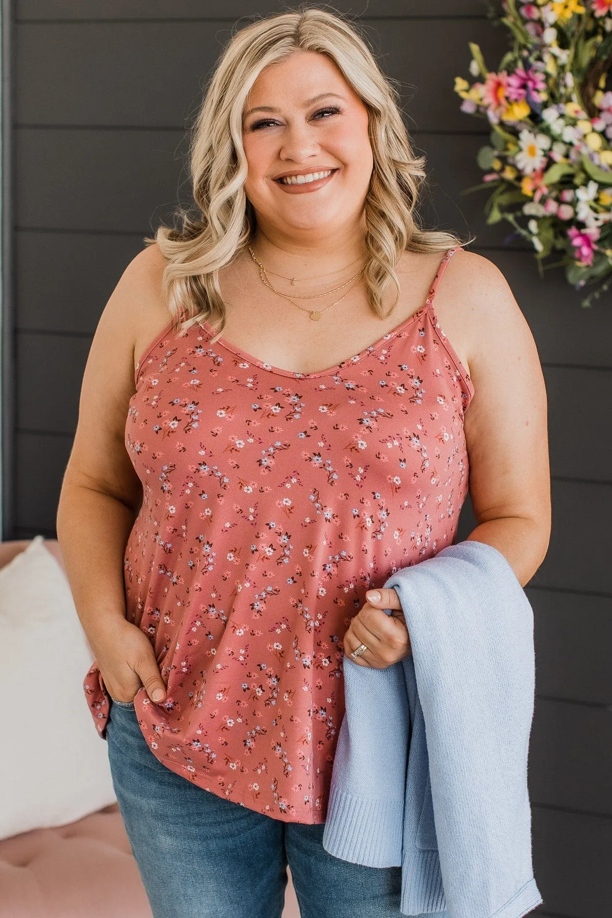 Sweet Impressions Floral Tank Top- Dusty Rose