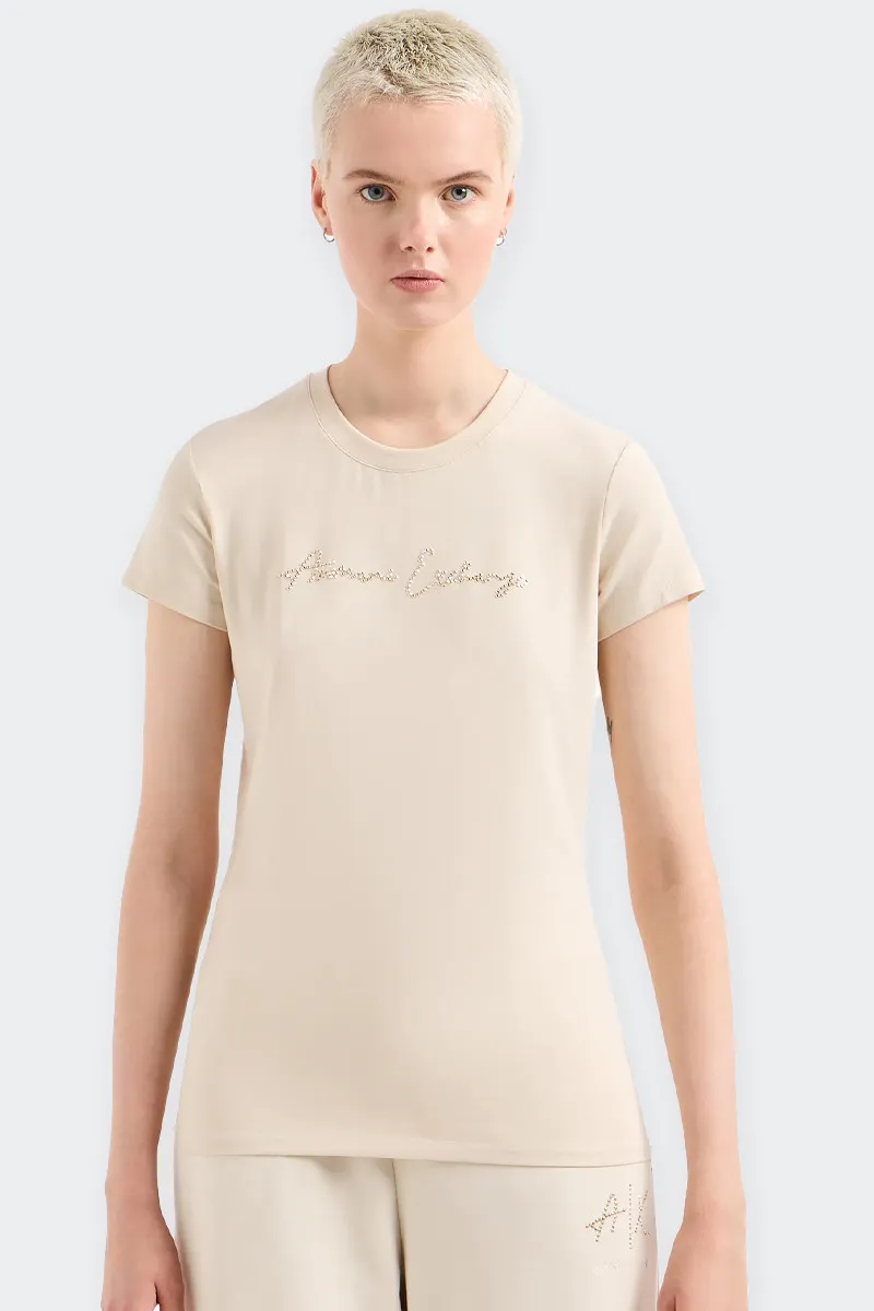 T-SHIRT SLIM FIT CON LOGO GLITTER BEIGE