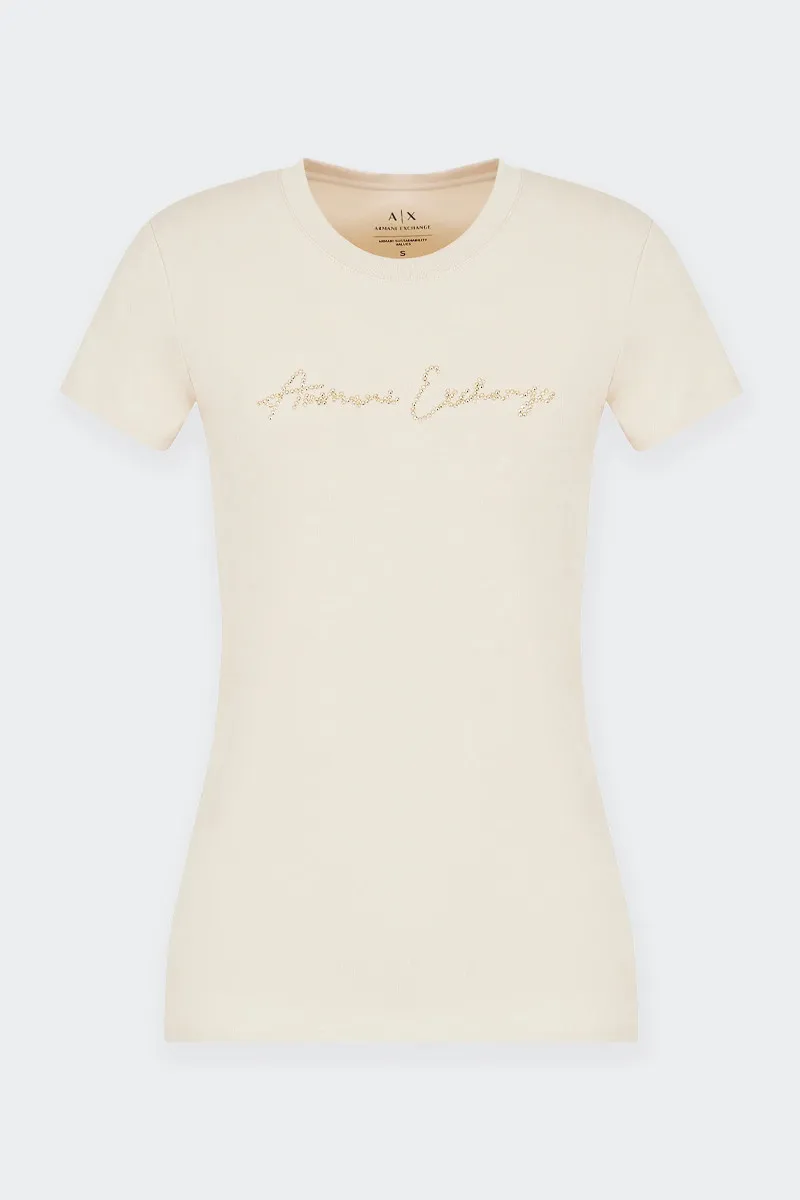 T-SHIRT SLIM FIT CON LOGO GLITTER BEIGE